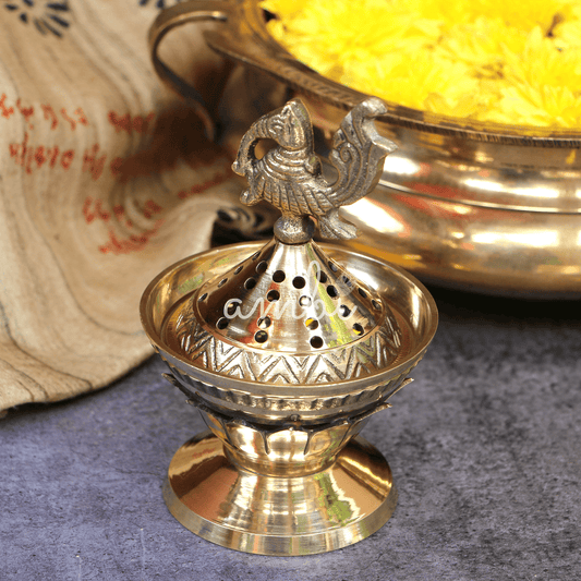 AUM Lotus Base Peacock Top Brass Dhuni Loban Sambrani Incense Burner (small)