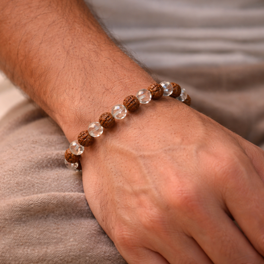 AUM Rudraksha & Clear Quartz Bracelet :Clarity • Grounding • Balance