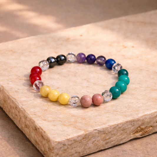 AUM 7 Chakra & Clear Quartz Bracelet