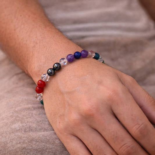 AUM 7 Chakra & Clear Quartz Bracelet