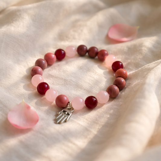 AUM Love and Emotional Healing Bracelet: Rose Quartz, Carnelian, Red Rhodonite 10 mm beads
