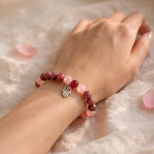 AUM Love and Emotional Healing Bracelet: Rose Quartz, Carnelian, Red Rhodonite 10 mm beads
