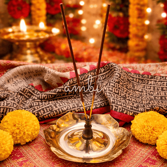 AUM Lotus Crest Pure Brass Incense Holder with Wooden Stem