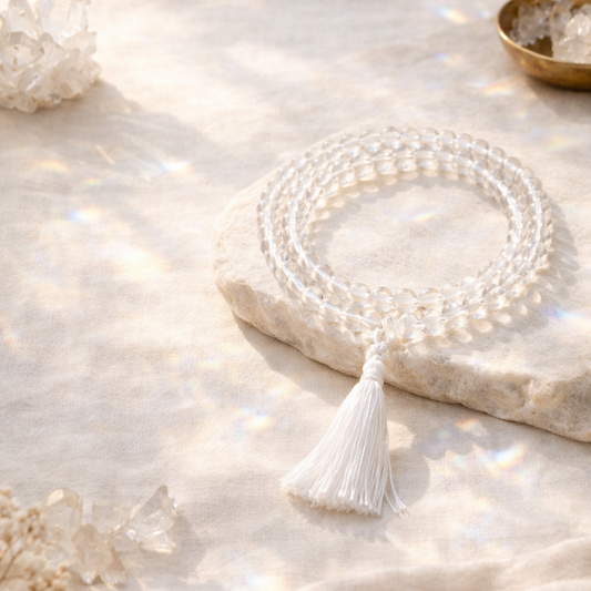 AUM Pure Clear Quartz Crystal 108 Beads 8mm Meditation Mala