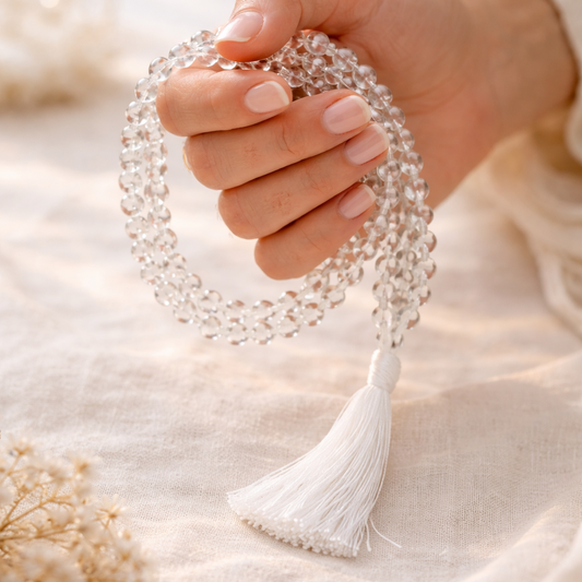 AUM Pure Clear Quartz Crystal 108 Beads 8mm Meditation Mala