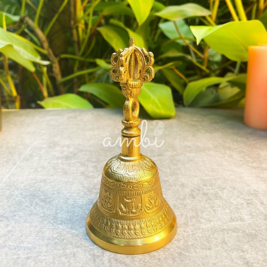 AUM Antique Pure Brass Handbell with Intricate Tibetan Carving