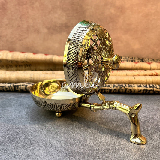 AUM Regal Bloom Pure Brass Incense Burner (Dhoop Dani) / Dhuni with Handle