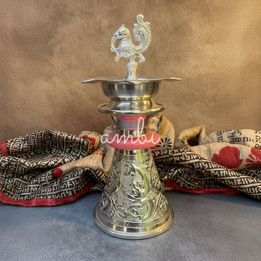 AUM Silver Plated Peacock Oil Lamp – Decorative Pooja Diya with Ornate Base