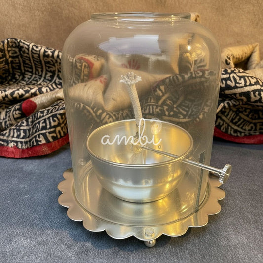 AUM Sacred Flame Silver Plated Brass Diya with Glass Shield