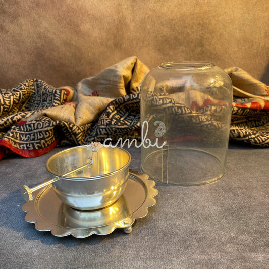 AUM Sacred Flame Silver Plated Brass Diya with Glass Shield