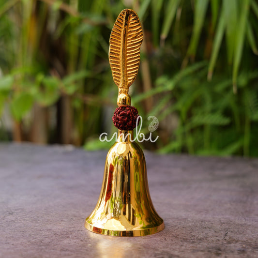 AUM Pure Brass Handheld Pooja Bell with Leaf Handle – Antique Finish