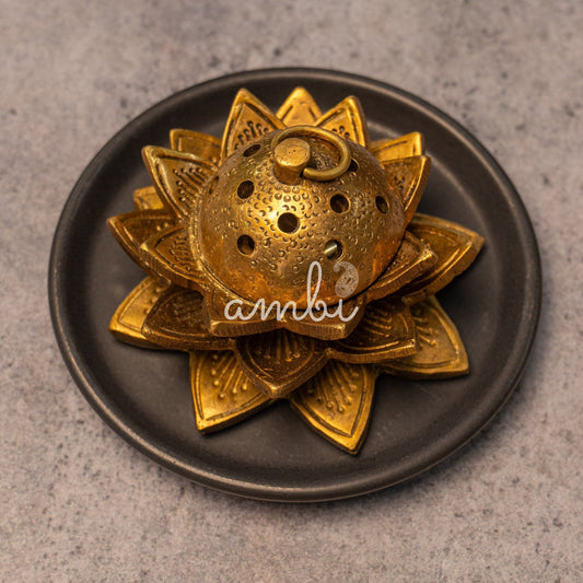 AUM Pure Brass Dhoop Dani Incense Burner Lotus Shaped Dhuni