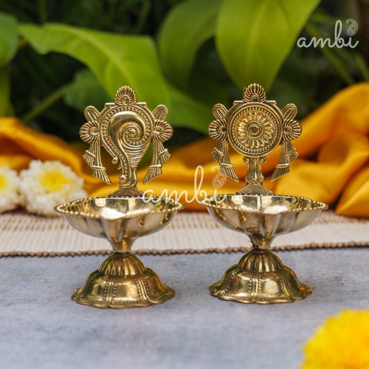 AUM Pure Brass Diya Shankh & Chakra Designs - Set of 2 - 4 Inches height