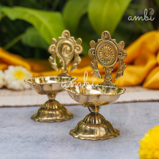 AUM Pure Brass Diya Shankh & Chakra Designs - Set of 2 - 4 Inches height