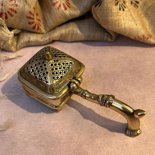 AUM Pure Brass Handheld Dhoop Dani with Perforated Lid for Pooja & Aarti Dhuni