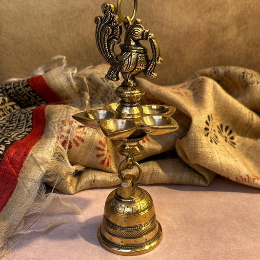 AUM Pure Brass Hanging Peacock Deepam with 5 Diyas, Chain, Hoop & Bell