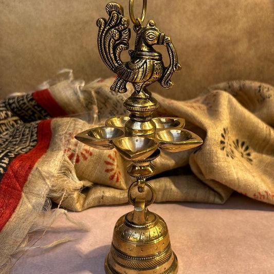 AUM Pure Brass Hanging Peacock Deepam with 5 Diyas, Chain, Hoop & Bell
