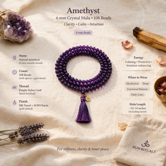 AUM Pure Amethyst Crystal 108 Beads 6mm Meditation Mala