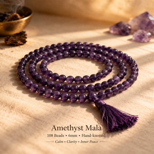 AUM Pure Amethyst Crystal 108 Beads 6mm Meditation Mala