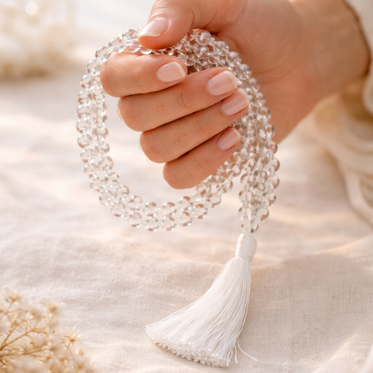 AUM Pure Crystal Clear Quartz Large Beads Jap Mala