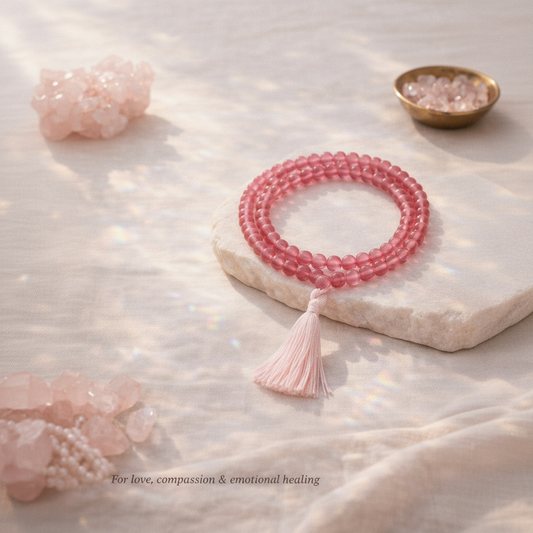 AUM Pure Rose Quartz Large Beads Meditation Mala