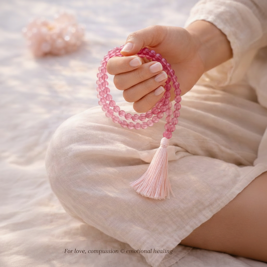 AUM Pure Rose Quartz Large Beads Meditation Mala